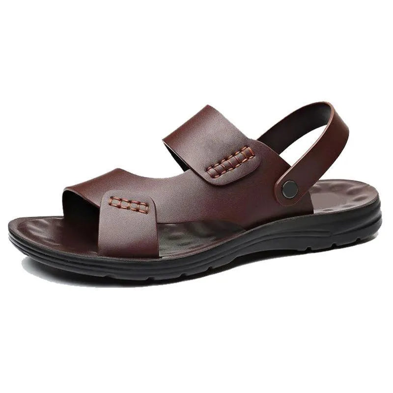 Men's brown waterproof plastic slip-on sandals on a grey background.