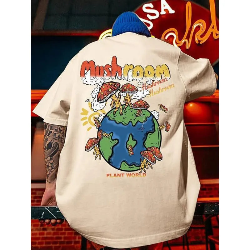 Short-sleeved men's printed street sports t-shirt on a hanger, showing digital print design.