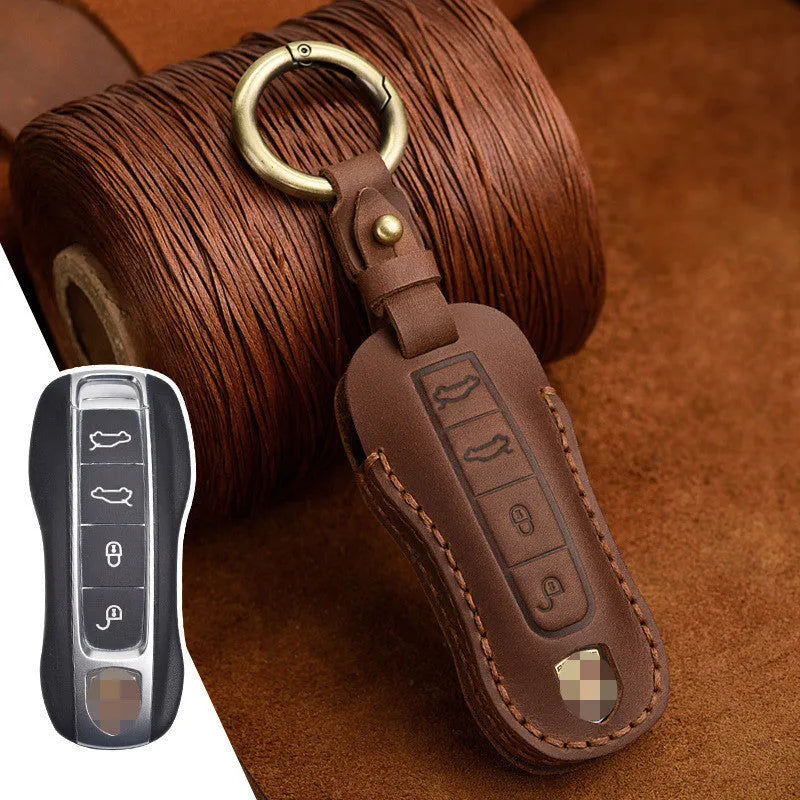 Authentic brown cowhide leather retro key case for Porsche car keys