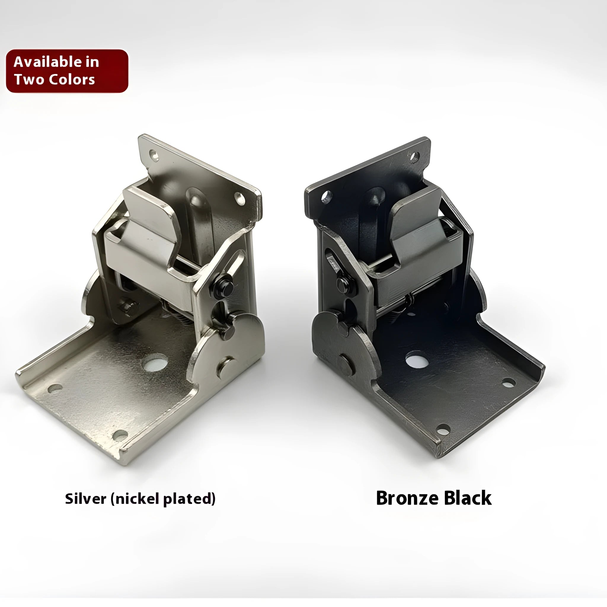 Furniture folding hinge with self-locking mechanism showing 0-90 degree adjustment