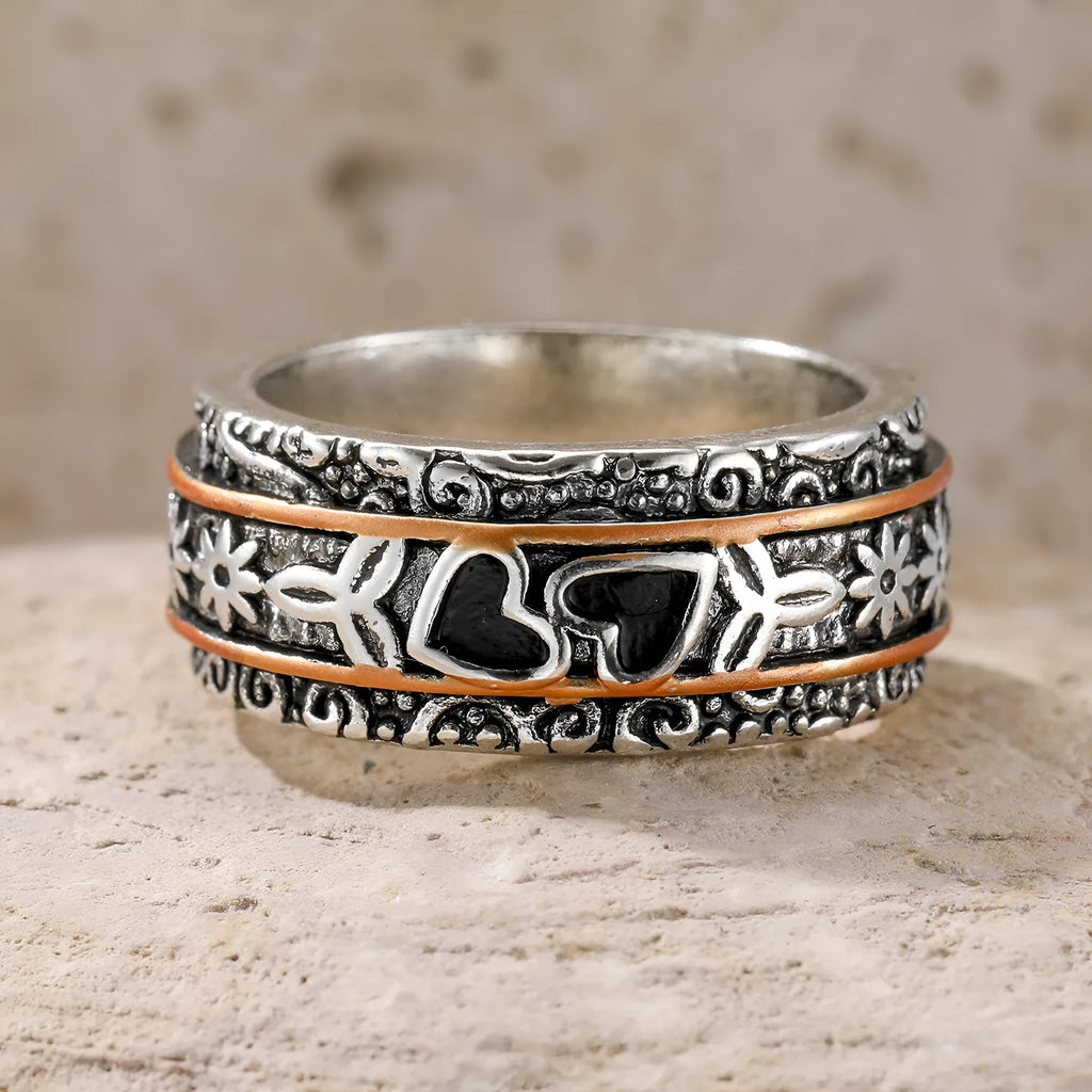 Silver electroplated wide noodle love ring for women, zinc alloy band, sizes 6 to 10
