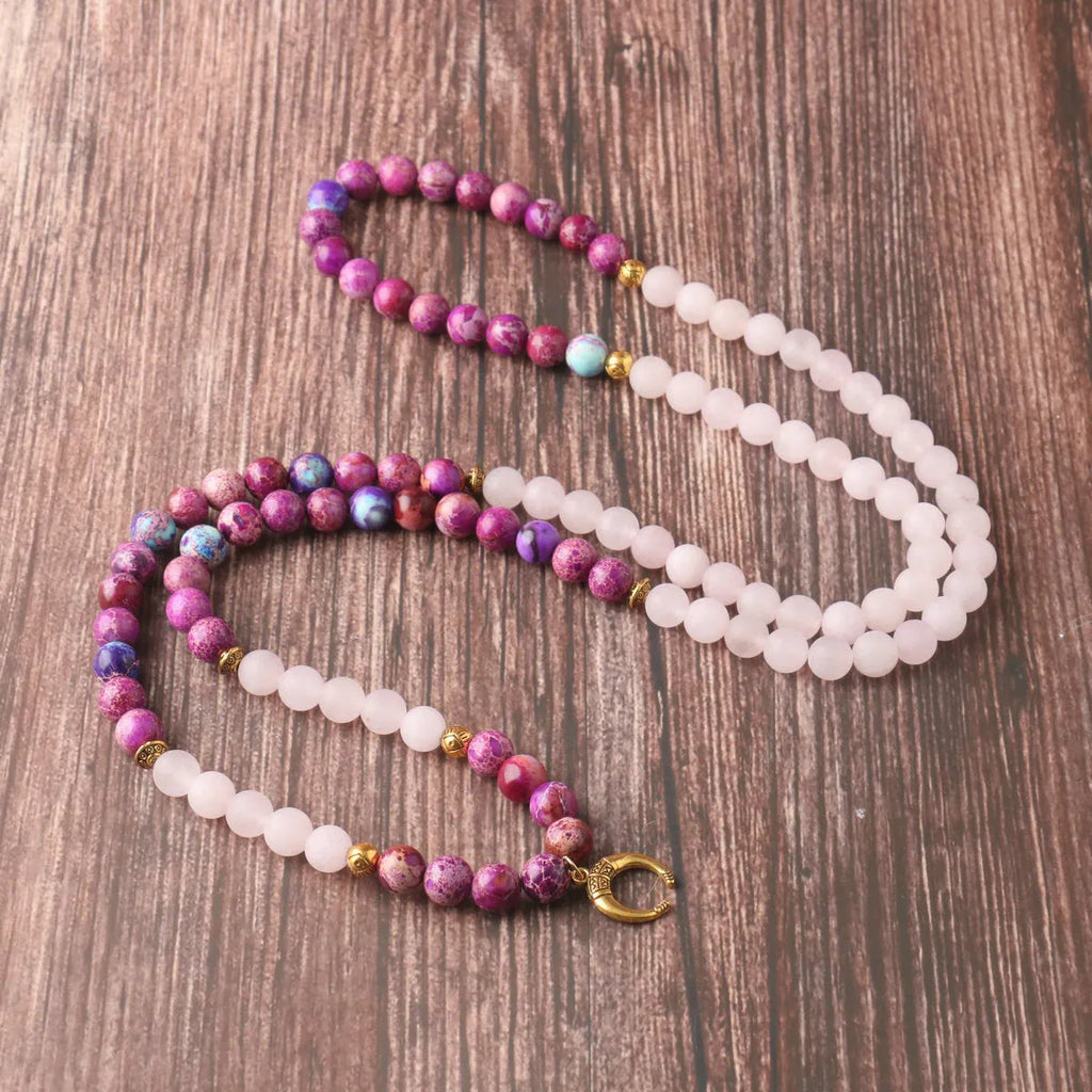 Emperor stone necklace with pink crystal beads and round pendant casual jewellery for women and men