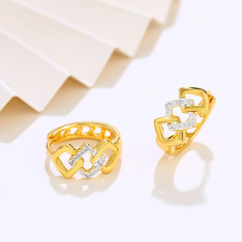 Gold geometric hollow out alloy earrings with colour separation ear clip design