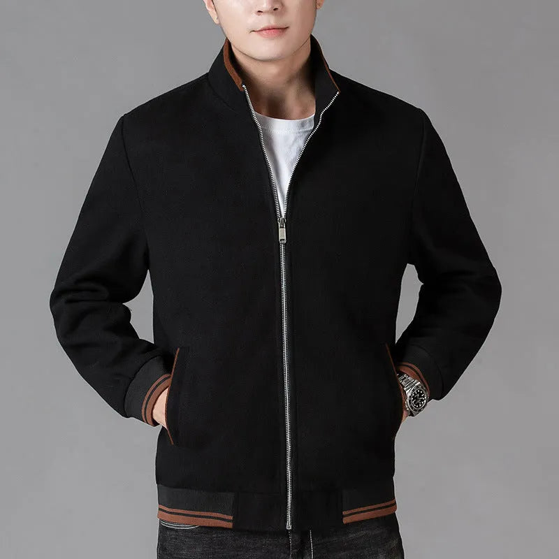 Men's grey sports-style wool fleece jacket with long sleeves and a stick pocket.