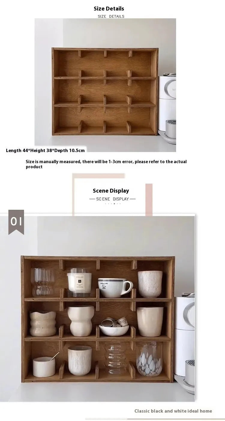 Square solid wood cup storage rack with multiple grids in birch meridian colour.