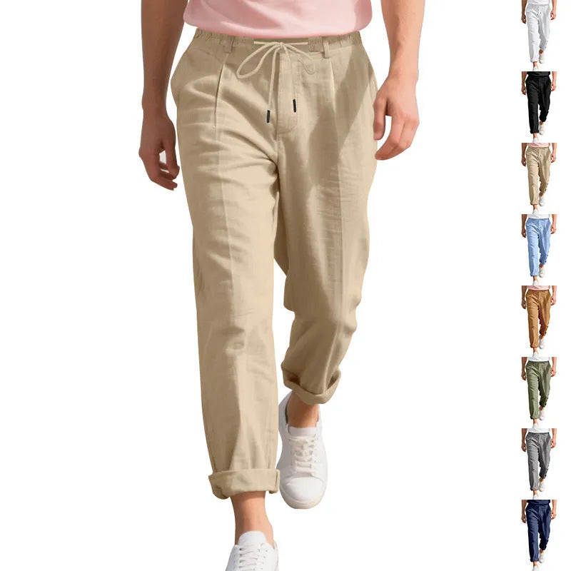 Men's straight-leg linen trousers in army green with drawstring waistband