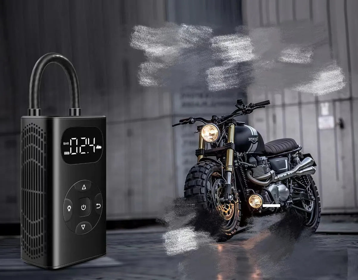 Black cuboid portable air compressor power bank with USB cable for car and bike tyre inflation