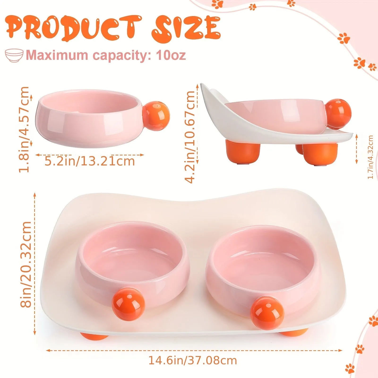 Two ceramic pet bowls on raised non-slip bases, in pink and yellow colours.