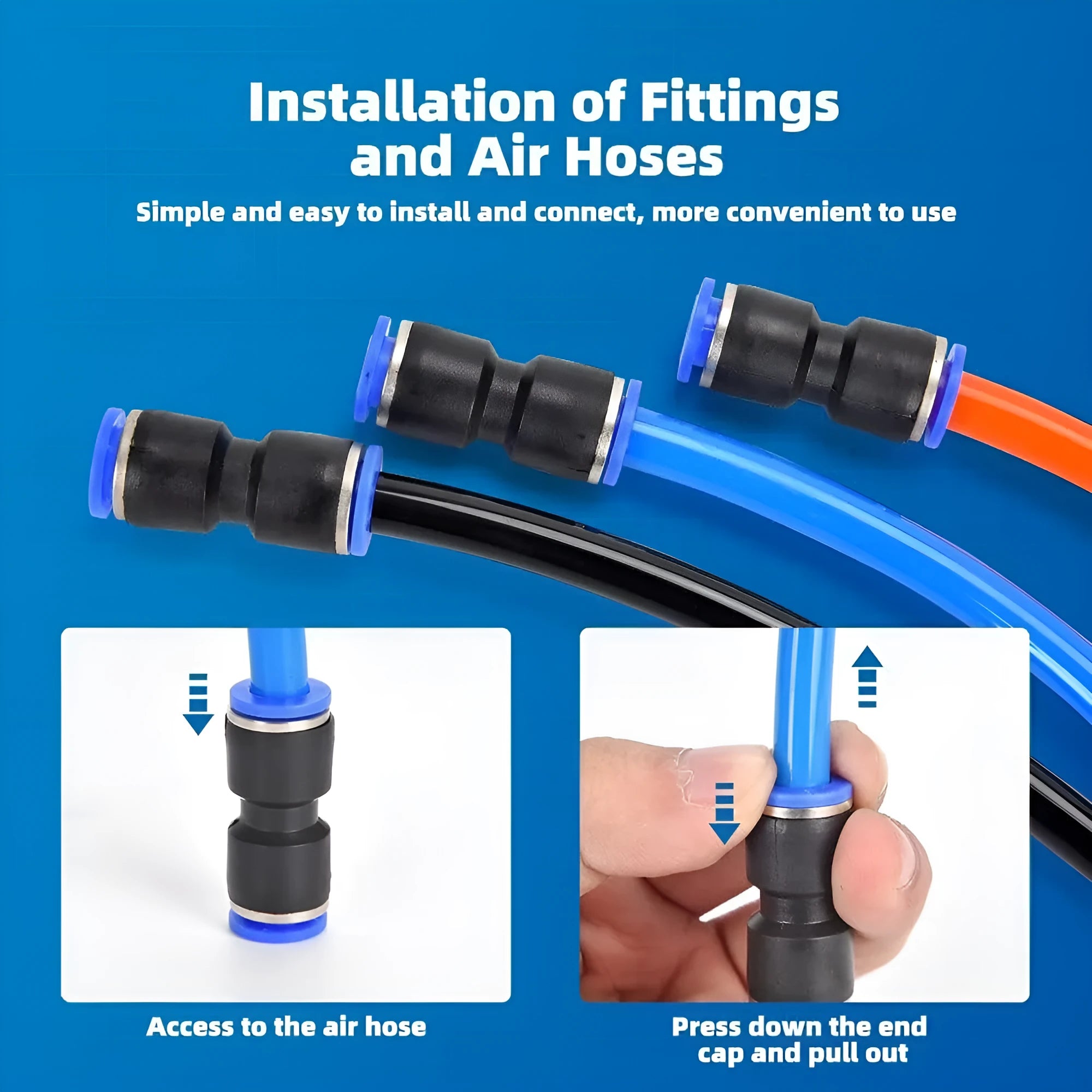 60-piece pneumatic quick push-in connector set with alloy plastic construction and R1/4 R1/2 threads