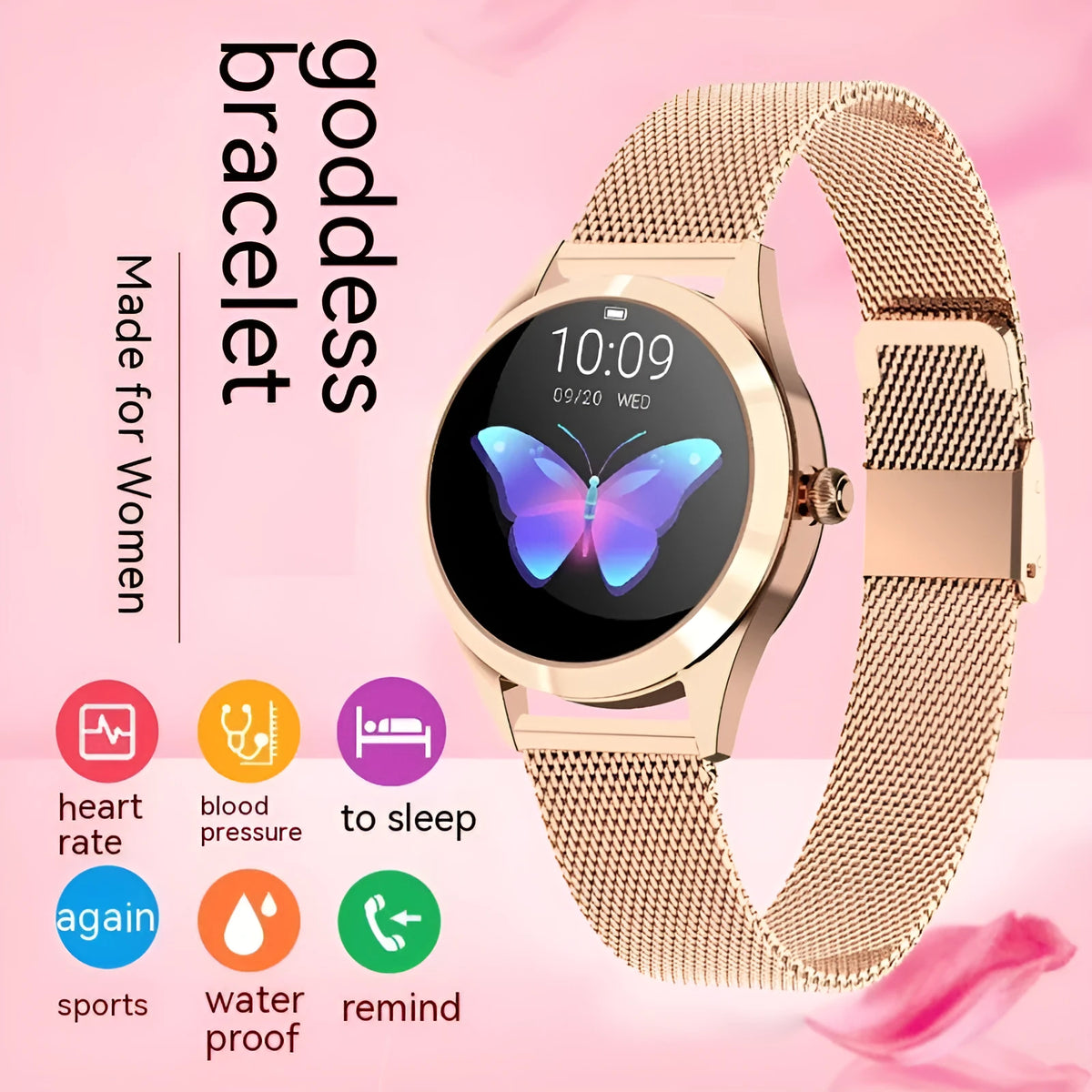Women's sports smartwatch showing heart rate monitoring and smartphone connectivity features