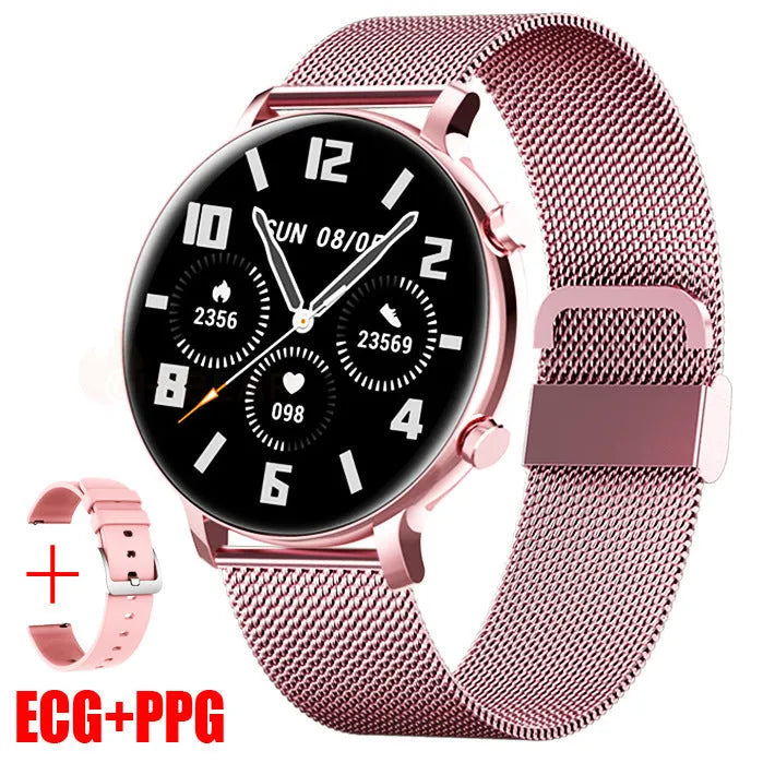 Bluetooth smartwatch with stainless steel strap showing 41-43mm screen with heart rate display