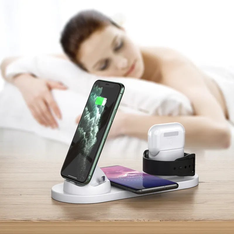 Black and white 6-in-1 wireless charging phone holder with AirPods and iWatch charging areas