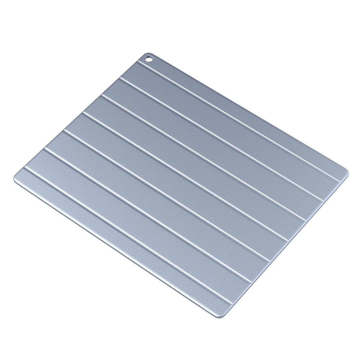 Modern aluminium quick defrosting plate for food with included USB cable on a kitchen counter