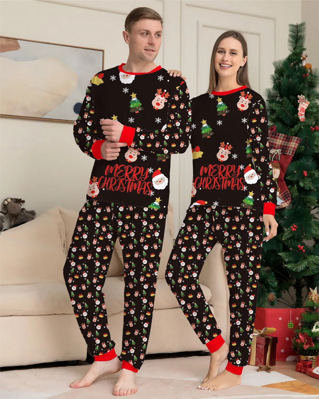 Family wearing matching Christmas pajamas with plaid patterns, including adults, children, and a dog in coordinating sleepwear