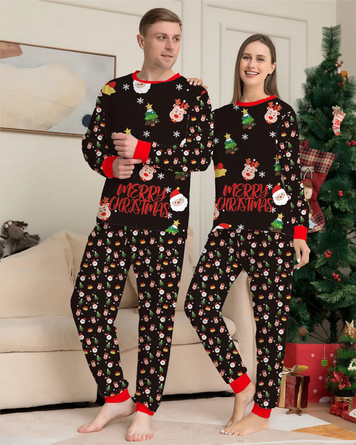 Family wearing matching Christmas pajamas with plaid patterns, including adults, children, and a dog in coordinating sleepwear