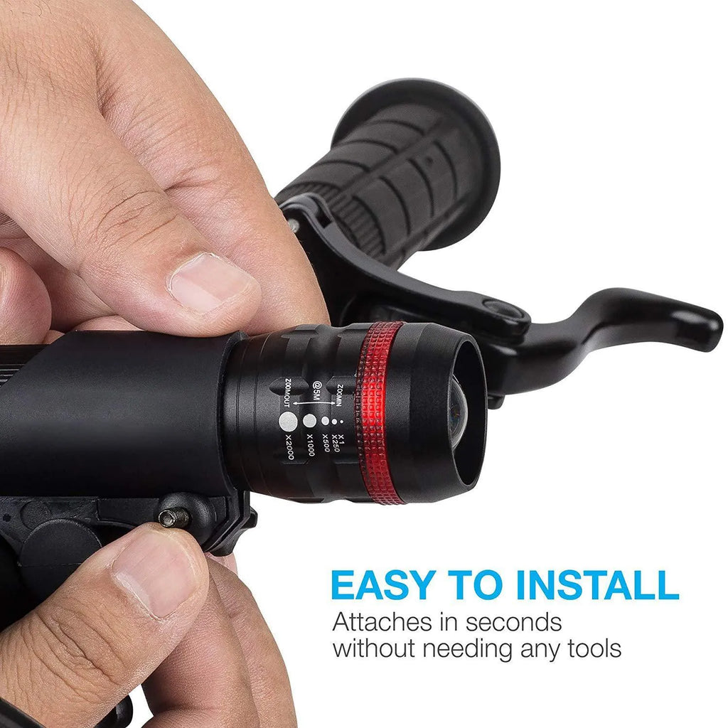 Bicycle headlight and red taillight set with a black handlebar mounting bracket.