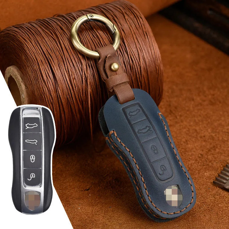 Authentic brown cowhide leather retro key case for Porsche car keys