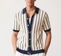 Men's white short sleeve knitted top with asymmetrical lapel collar and stripe pattern