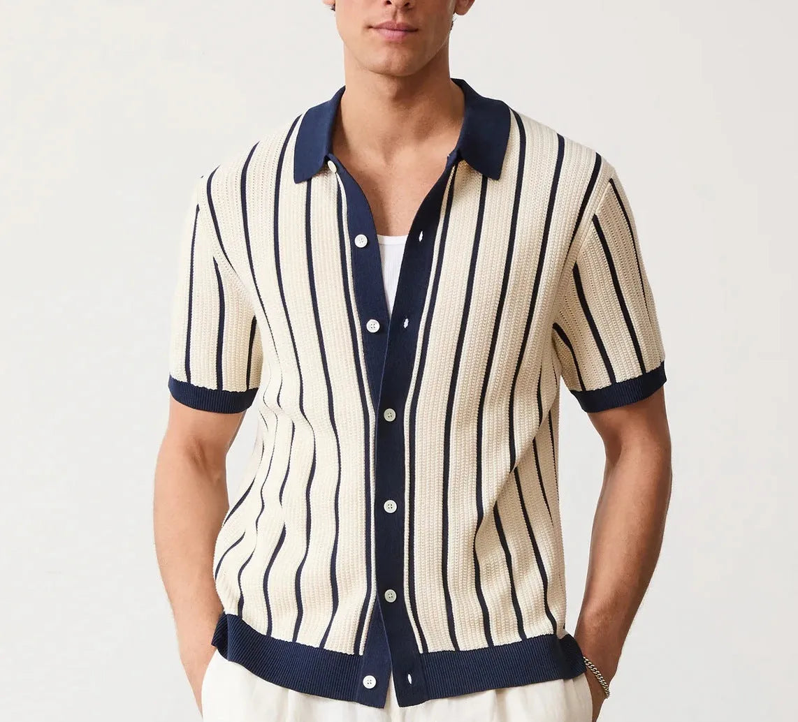 Men's white short sleeve knitted top with asymmetrical lapel collar and stripe pattern