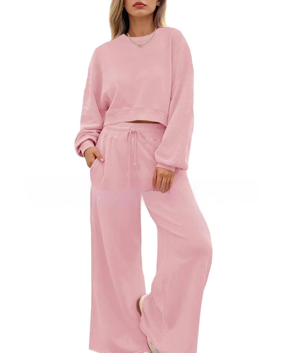 Women's solid colour casual two-piece set with long sleeves top and trousers in street hipster style