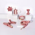 Complete velvet dog collar and traction rope set with bow tie, flower, and toilet bag on a table