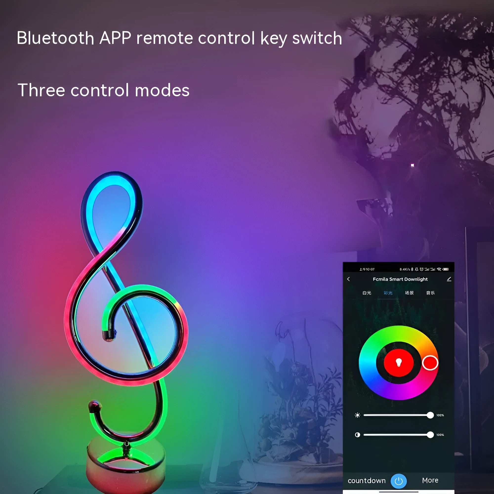 Black Bluetooth remote control musical note LED light with RGB colour strip.
