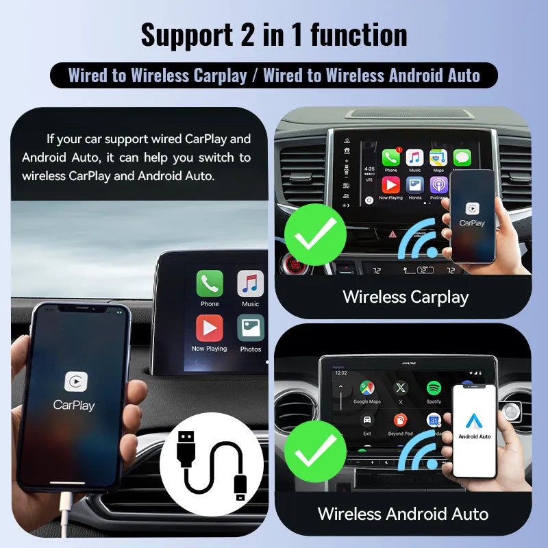 Black mini USB-C wireless CarPlay adapter with compact 26×55×13mm dimensions