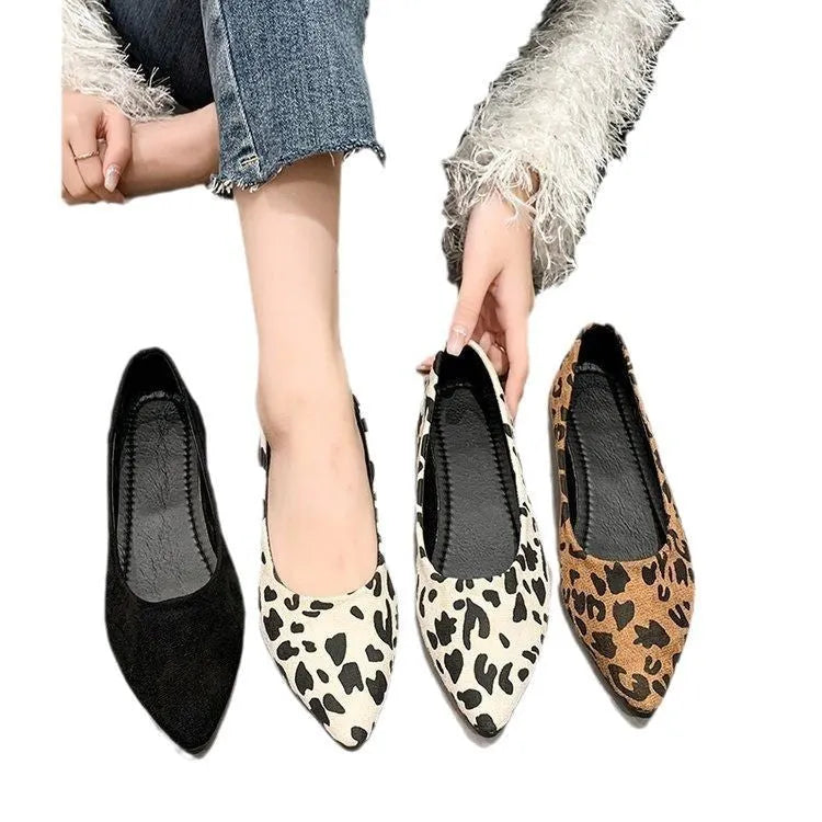 Women's leopard print flat pumps with pointed toe design and low heel