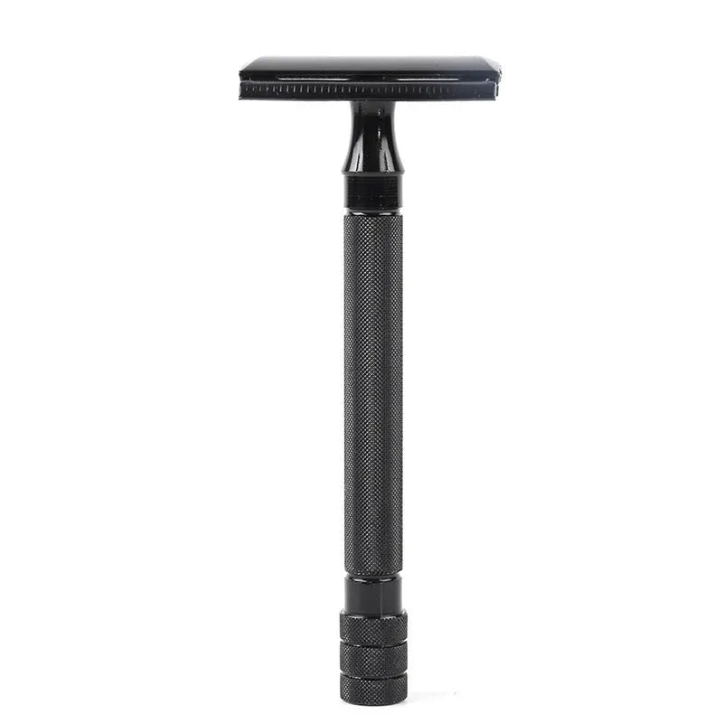Traditional manual metal shaver with chrome plating and included shaving brush