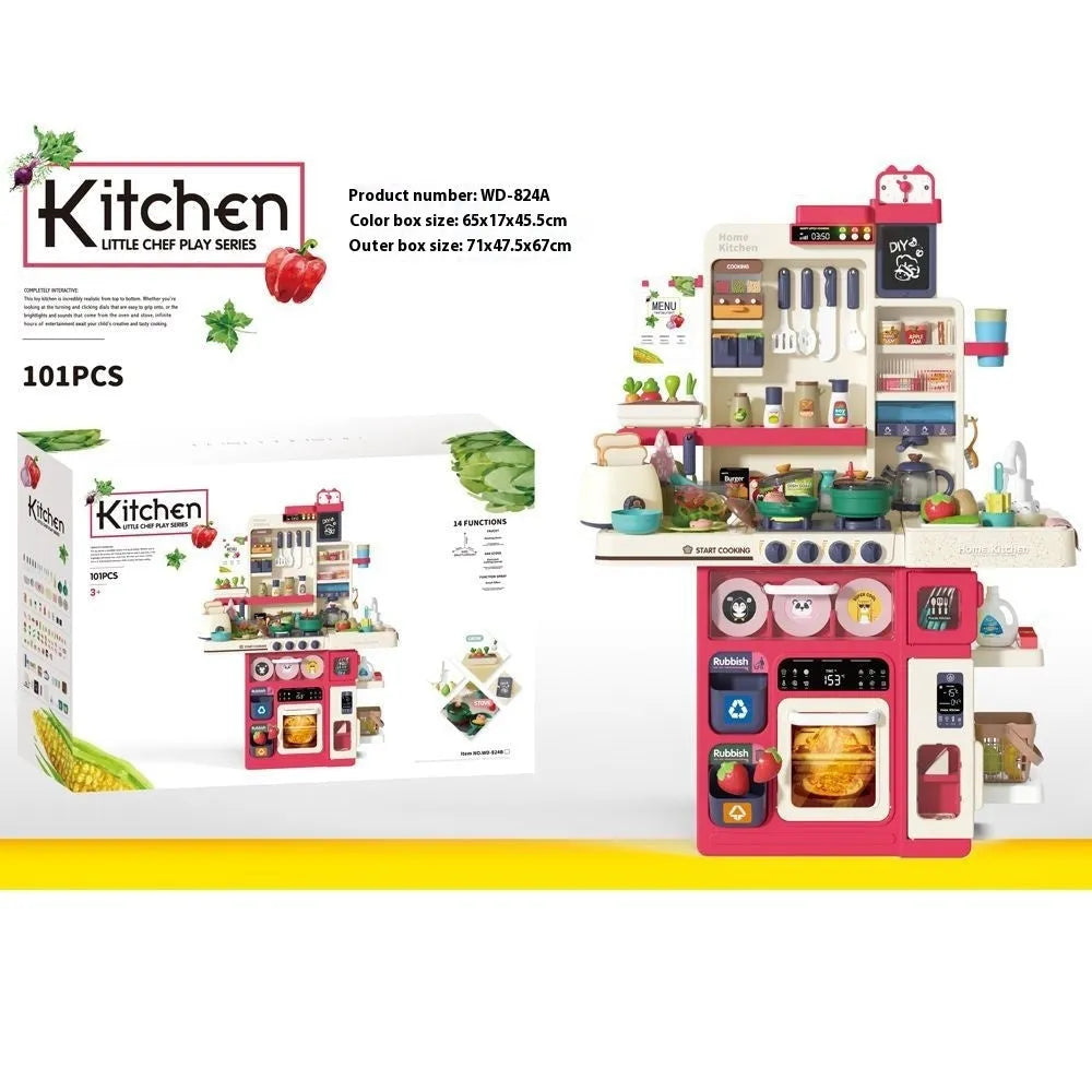 Children's water spray kitchen slicer toy set in red, green, pink, or Morandi gray plastic pretend cooking suit