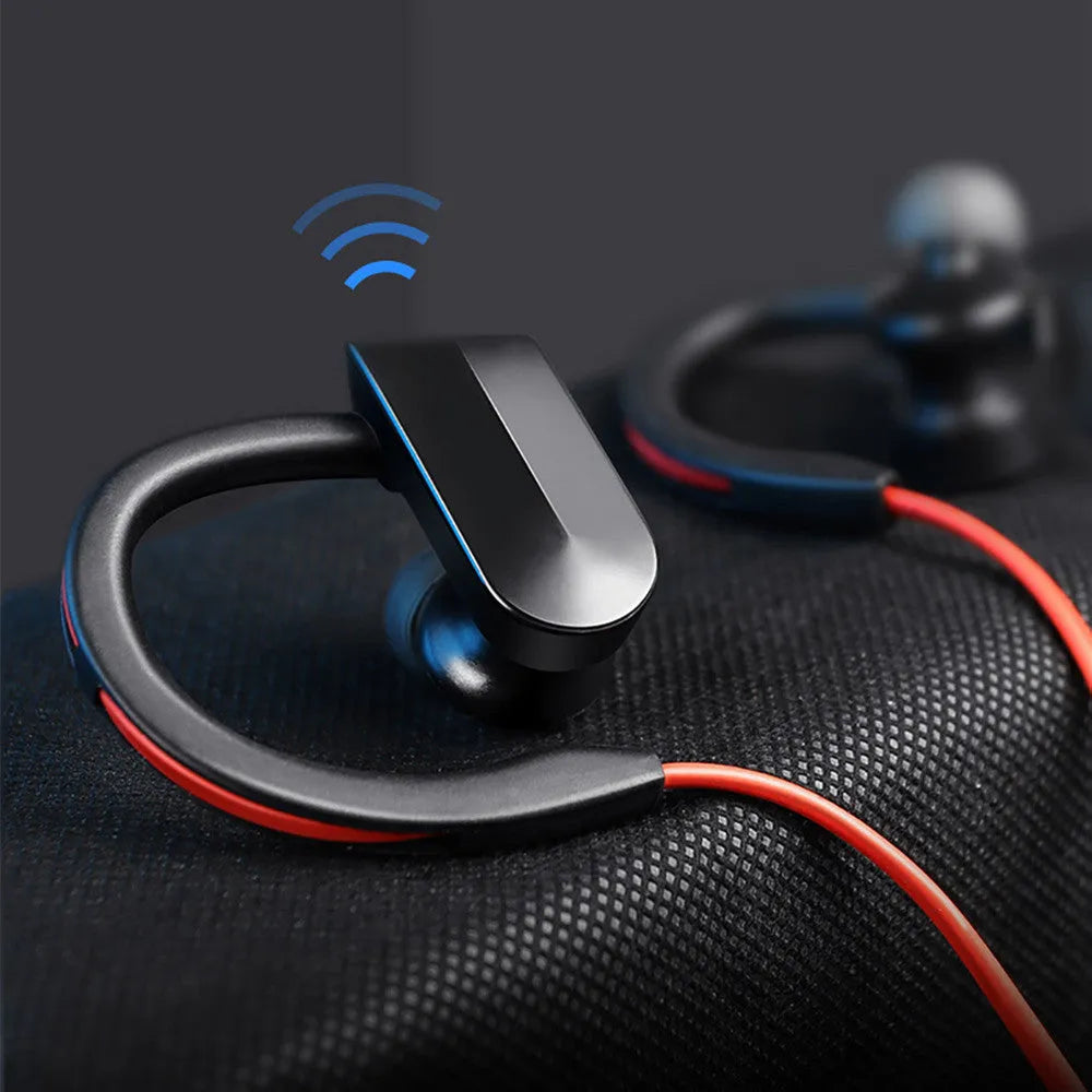 Neck-mounted wireless Bluetooth earphones in black, blue, or red colours with neckband design
