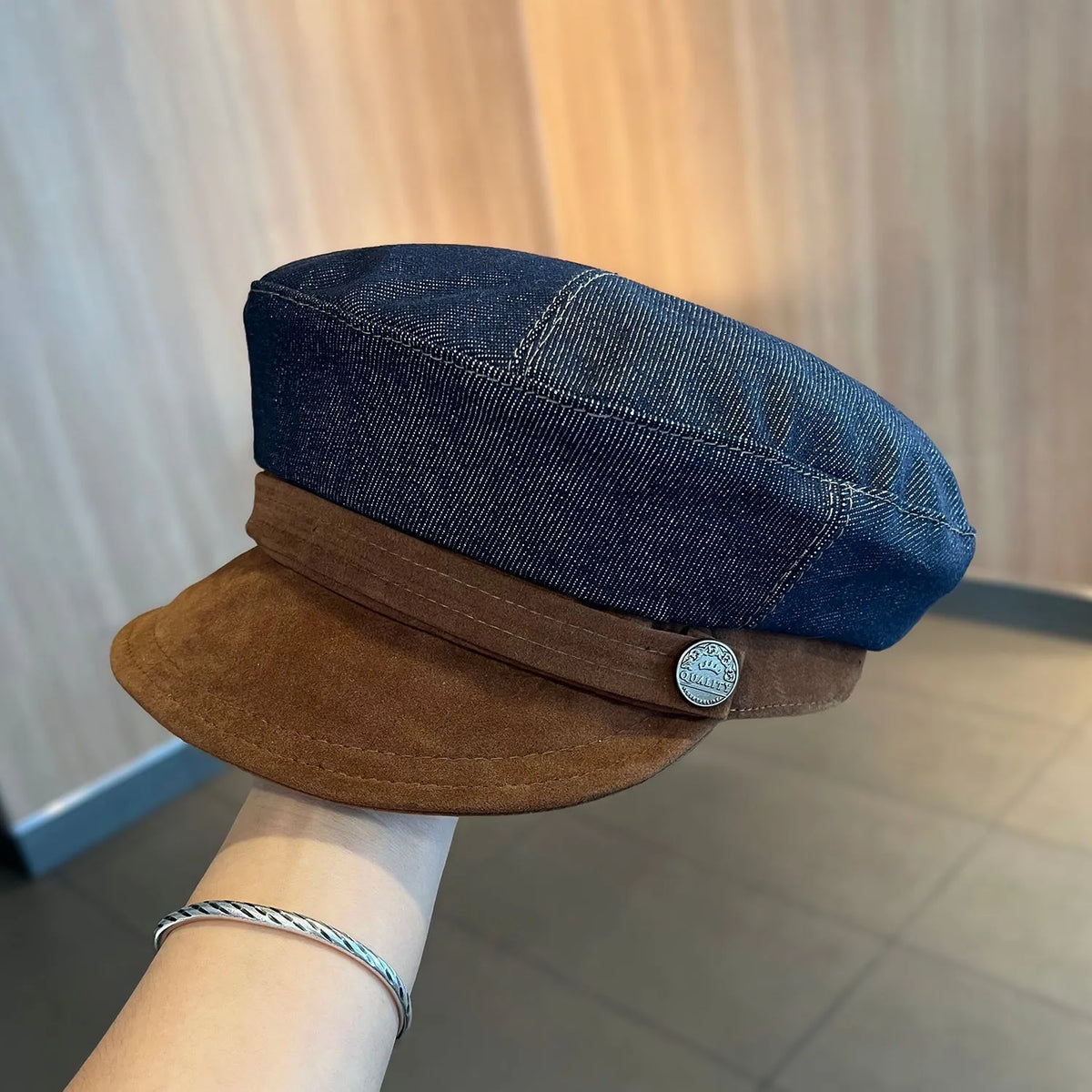 British retro octagonal denim newsboy hat with adjustable sizing