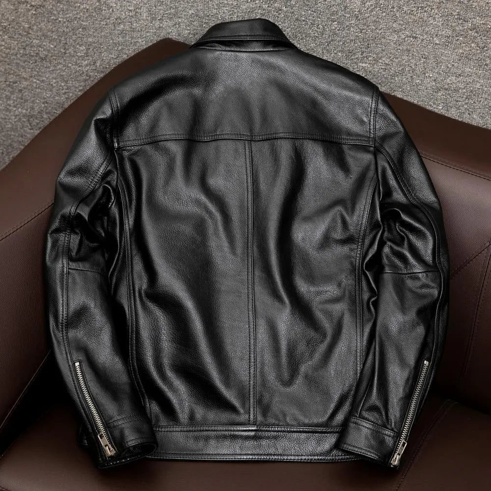 Men's black lapel leather jacket with side pockets shown on plus-size model