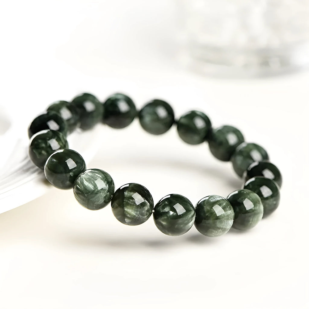 Natural Green Dragon Crystal bracelet with 8-9mm round beads and Ruyi geometric design elements