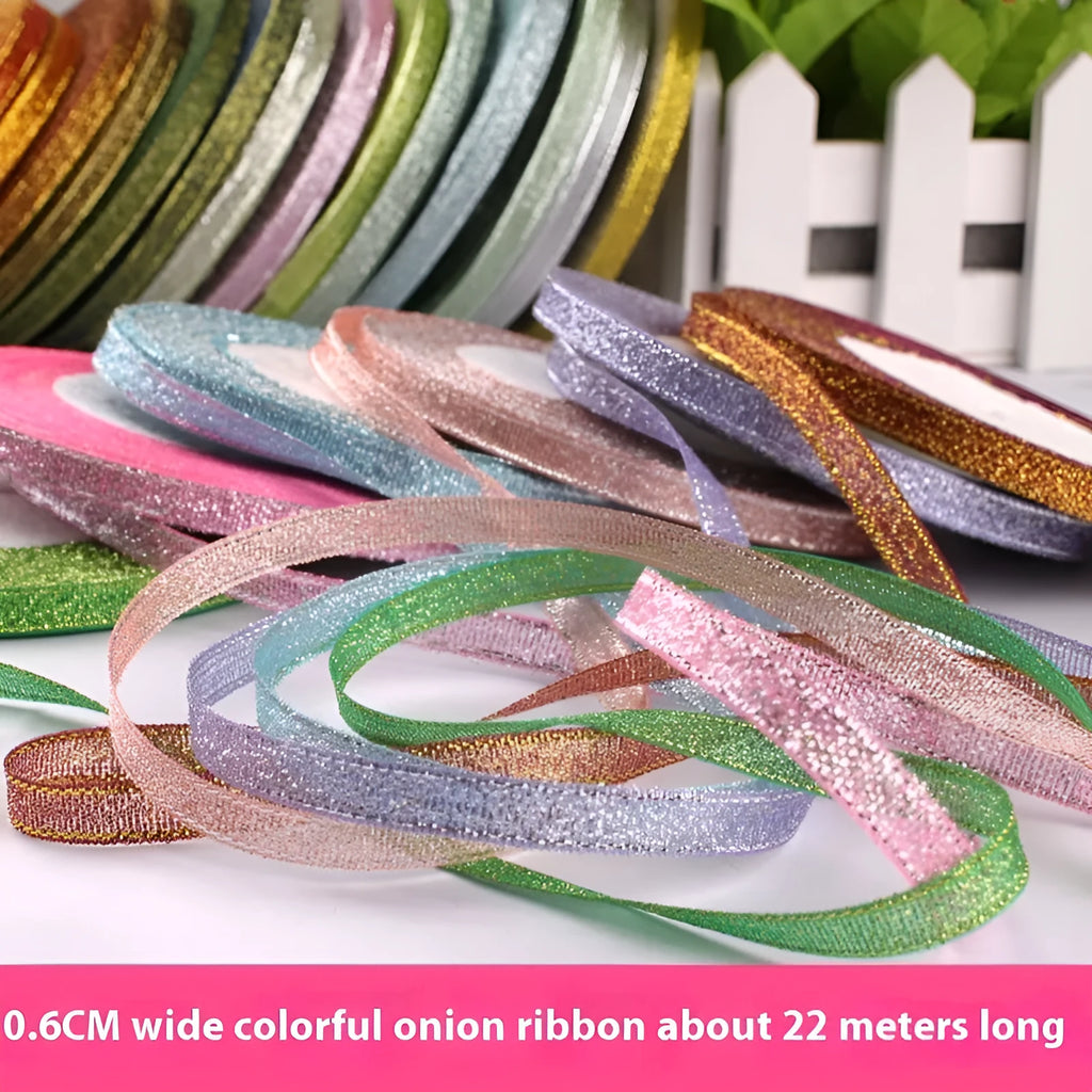 Roll of polyester gift packaging ribbon with 0.6cm width and 22 metre length in various colour options