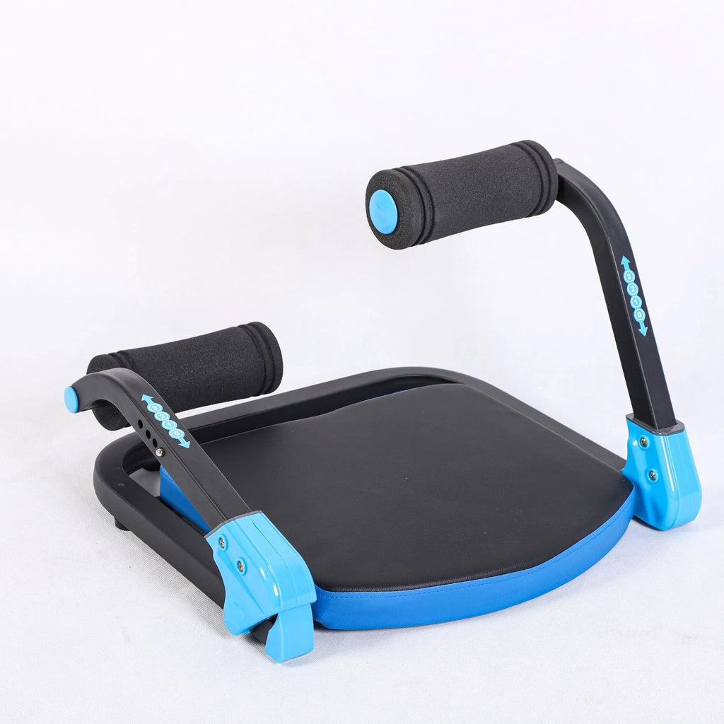 Sky blue and red portable mini abdominal exercise device for home, office, and outdoor use.