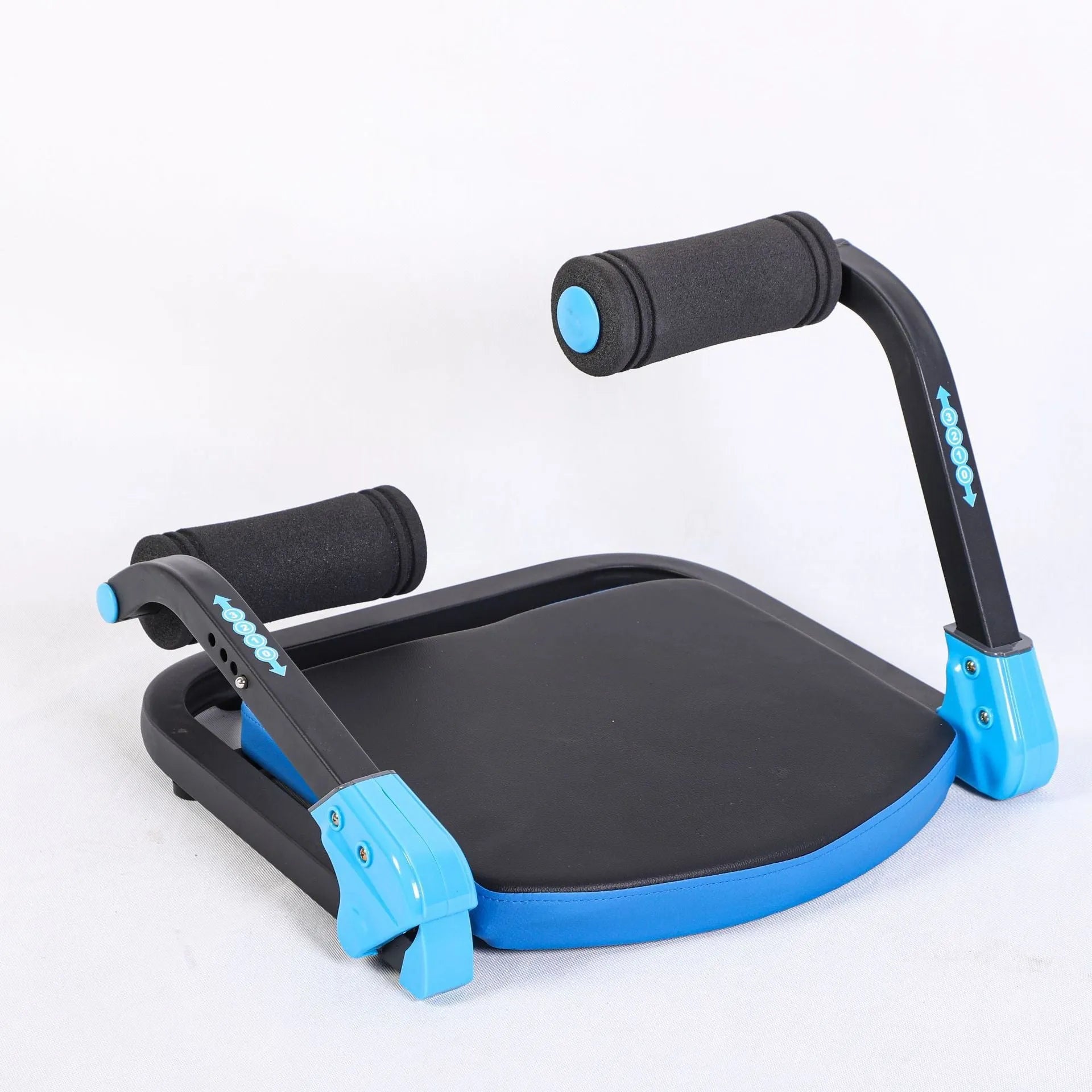 Sky blue and red portable mini abdominal exercise device for home, office, and outdoor use.