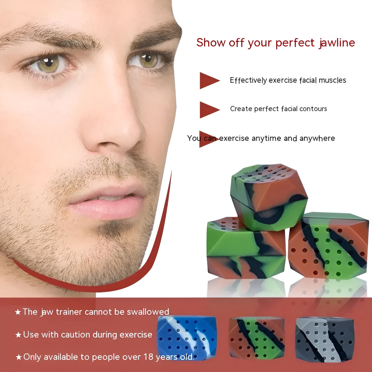 Two silicone camouflage facial exercise balls for jaw training in transparent packaging