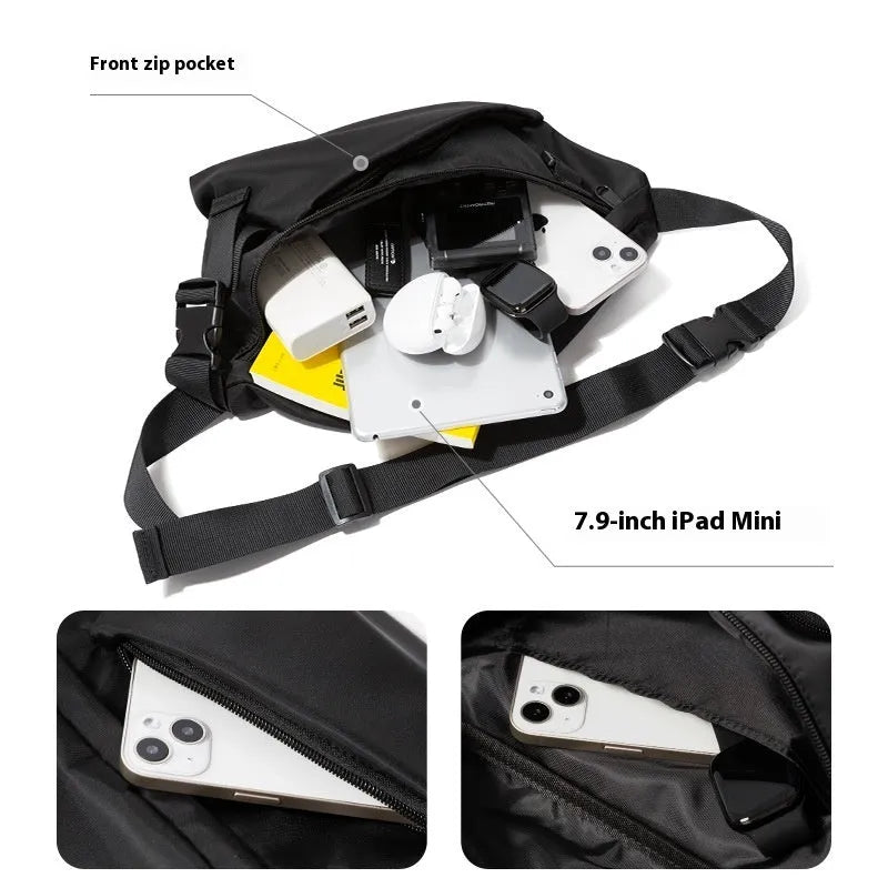 Black men's slanted chest bag with Oxford fabric construction and sewing line detailing