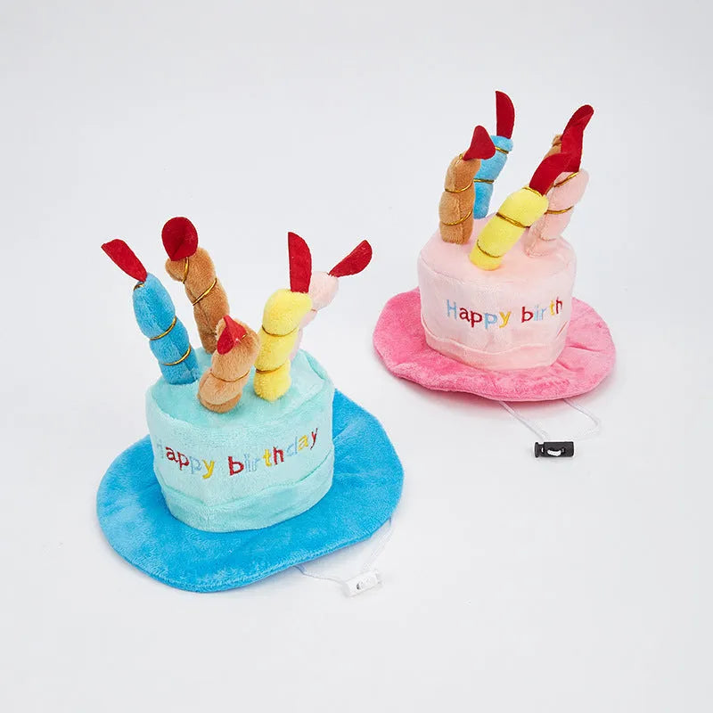 Blue and pink small dog birthday hat toy showing 21cm by 15cm by 6.5cm dimensions