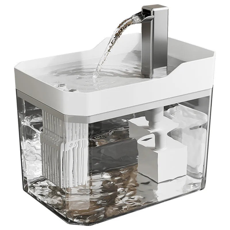 Automatic cat water fountain with circulating filtered water in matte grey transparent finish