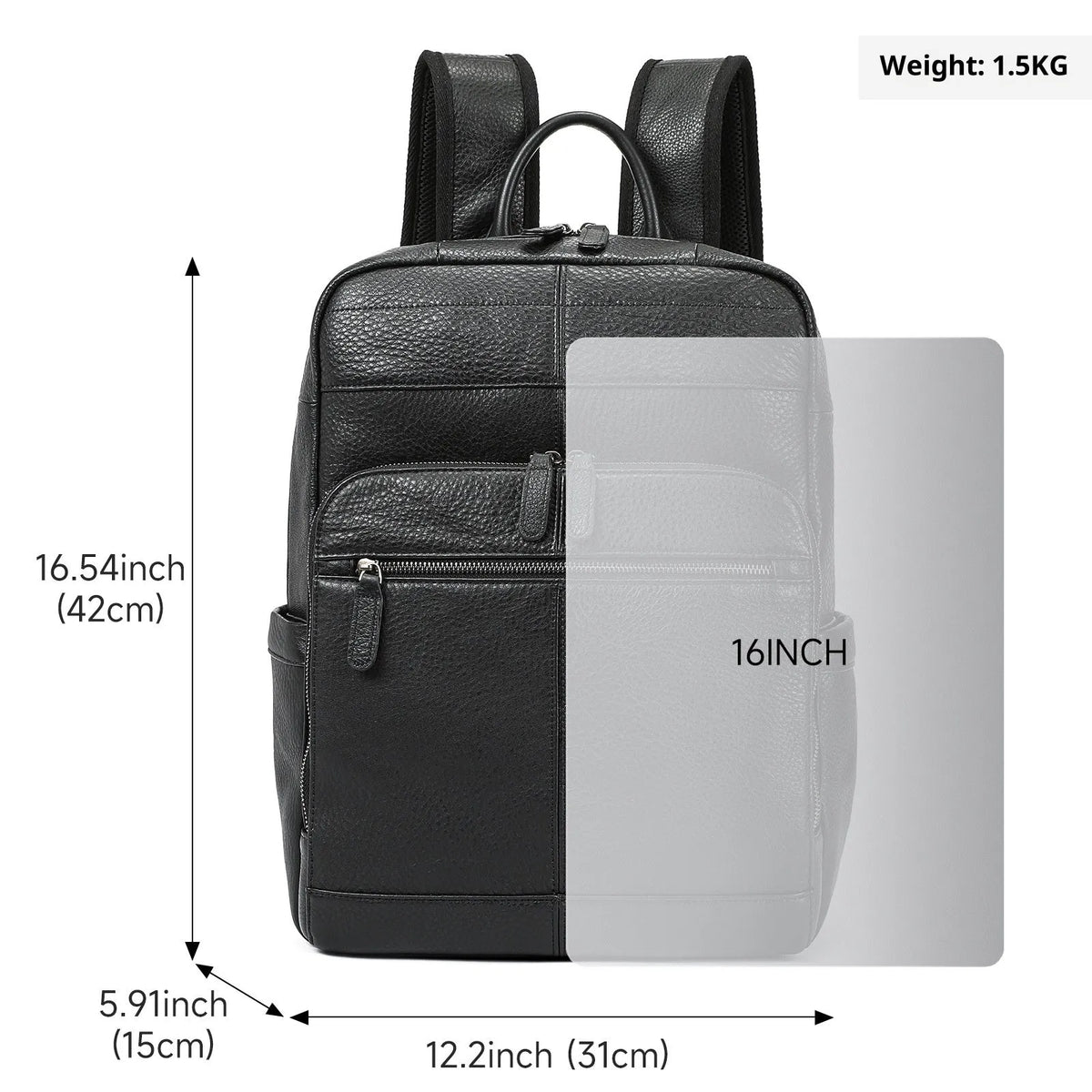 Black men's first layer cowhide backpack, 31 x 15 x 42cm, 20-35L, for business travel and leisure