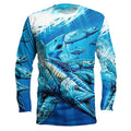 Men's grey round neck long sleeve pullover top with a colourful fish print design on the front.