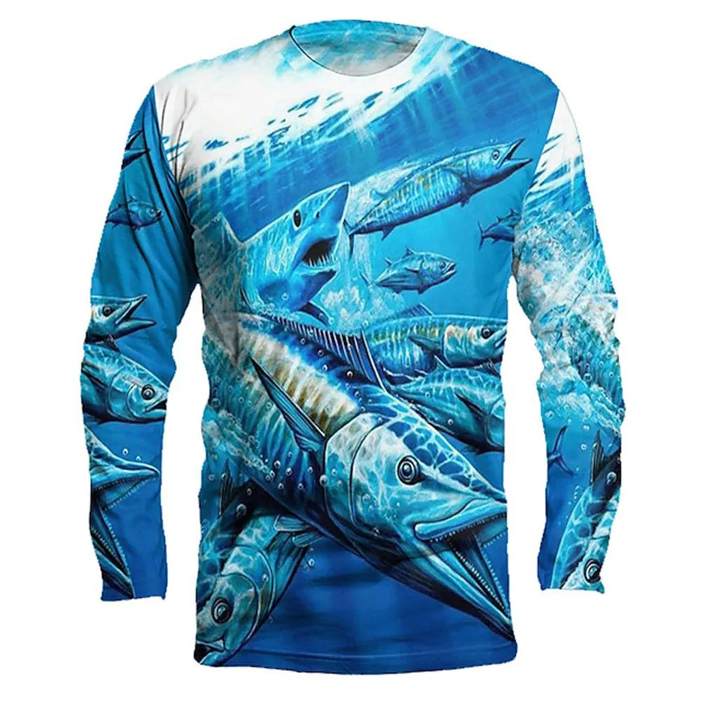 Men's grey round neck long sleeve pullover top with a colourful fish print design on the front.