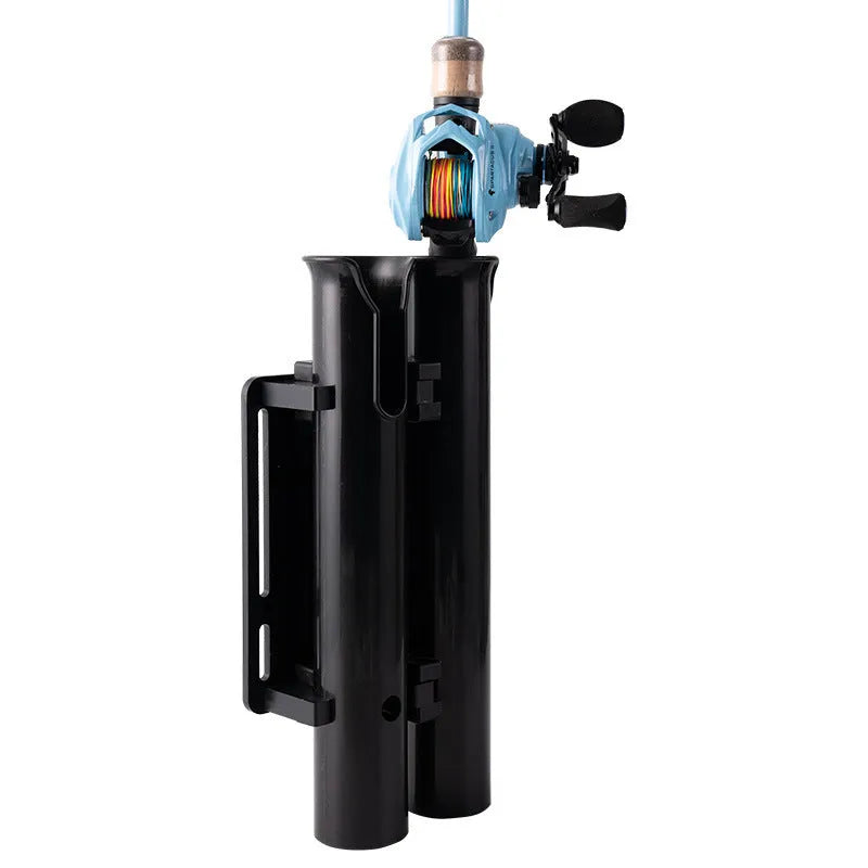 Plastic fishing rod rack with carbon reinforcement and clamp for bicycle mounting