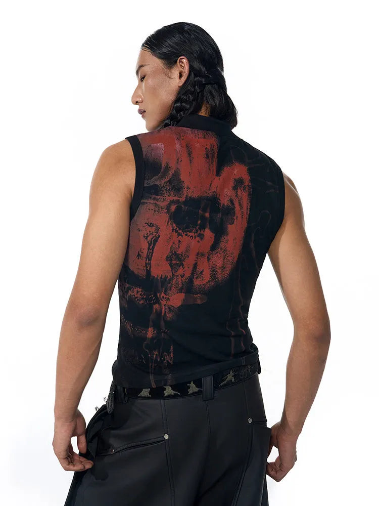 Black and white half turtleneck sleeveless T-shirt with character print, slim fit Korean style