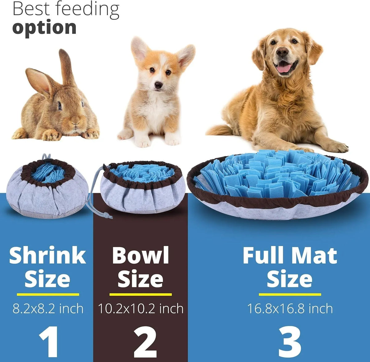 Blue adjustable fabric snuffle mat for dogs with hidden treat pockets.