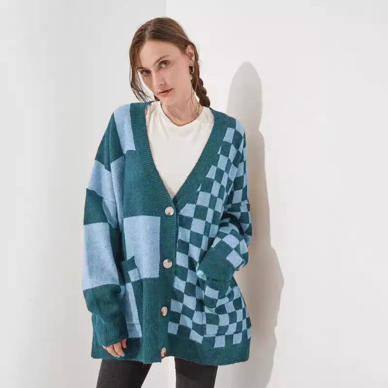 A woman's loose slim fit cardigan in a polyester-spandex knit fabric, shown in one of six available colours.