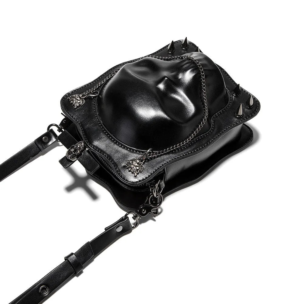 Black Halloween skull mini messenger bag with stitching, rivets, and detachable shoulder chain
