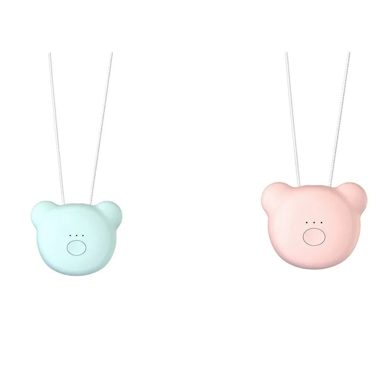 USB rechargeable wearable air purifier necklace in blue colour showing compact dimensions